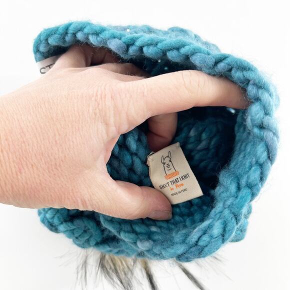 Sh*t That I Knit Merino Wool Pom Pom Beanie Hat Green - Picture 4 of 5